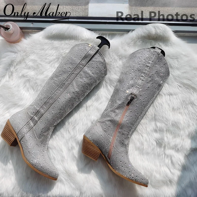 Onlymaker damskie buty z kryształkami srebrne kolana wysokie zachodnie buty kowbojskie brokat Bling błyszczące szpiczaste Toe blokowy obcas botki damskie