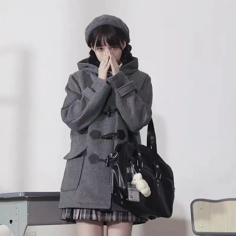 

Japan College Style Jk Horn Button Coat, Warm And Thickened Autumn And Winter Hooded Woolen Jk Coat Thick And Thin