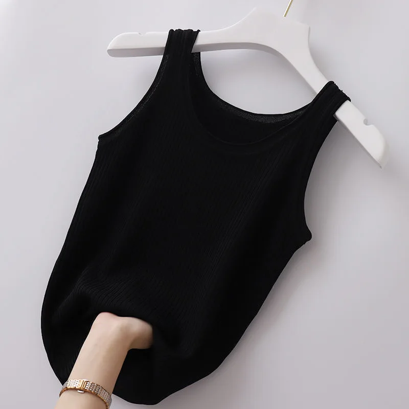 Slim Fit Threaded Strap Vest Women's Outerwear Inner Match Base Shirt T-Shirt Top Fashionable Commute Style Pure Color 25-29 ...