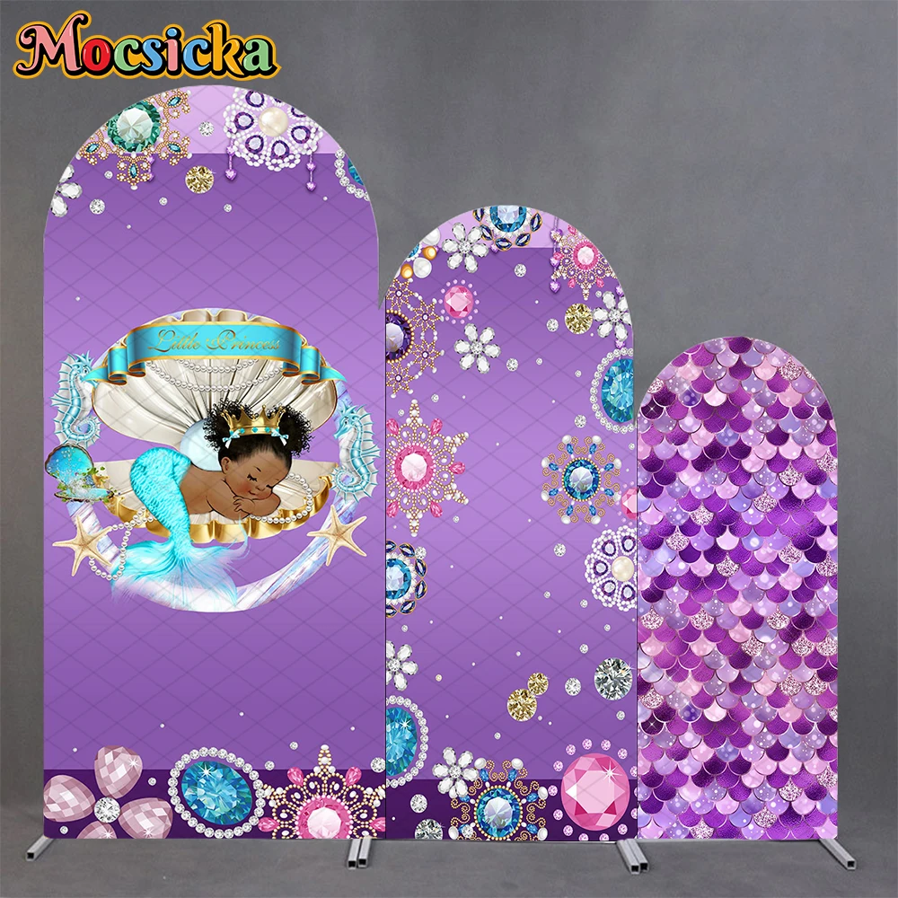 Mocsicka Purple Mermaid Arch Covers Backdrop Baby Birthday Photo Arched Background Pearl Diamond Fish Scale Decor Shooting Props