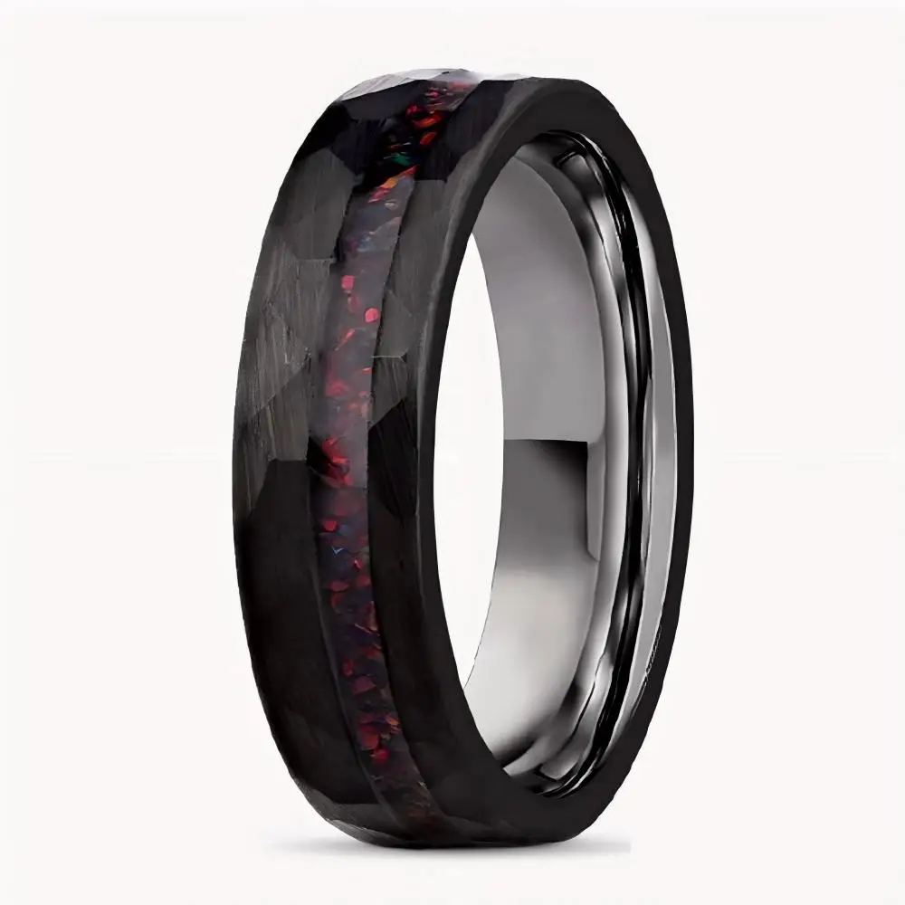 6mm IP Black Plated Channel Set Real Broken Opal Hammered Tungsten Carbide for Men Women Couple Wedding Ring Set Free Shipping