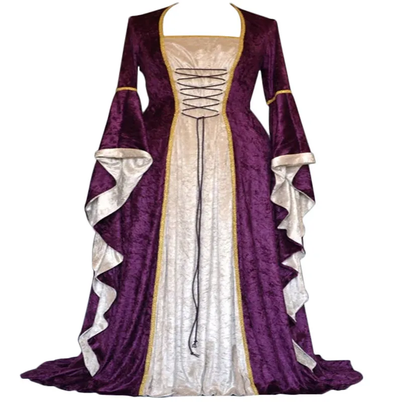 American Gold Velvet Strappy Flared Sleeve Vintage Medieval Long Floor Length Dresses Women's Long Dresses Play Costumes