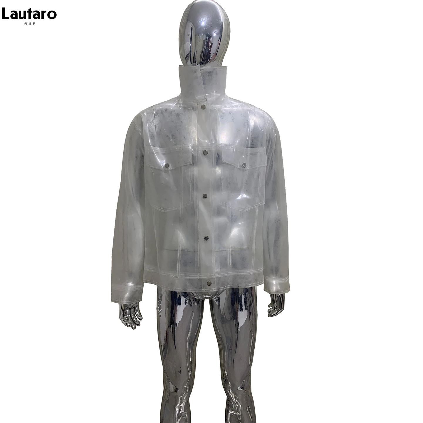 Lautaro Autumn Transparent Sheer Thin Light Faux PVC Leather Shirt Jacket Men Punk Style SexyLuxury Designer Menswear Clothes