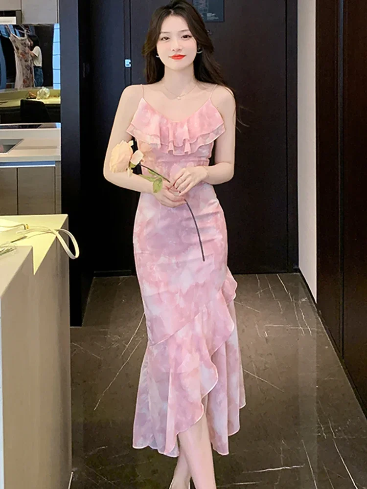 

2024 Pink Chiffon Chic Ruffled Sling Long Dress Summer Elegant Casual Beach Sundress Women Korean Bodycon Mermaid Evening Dress