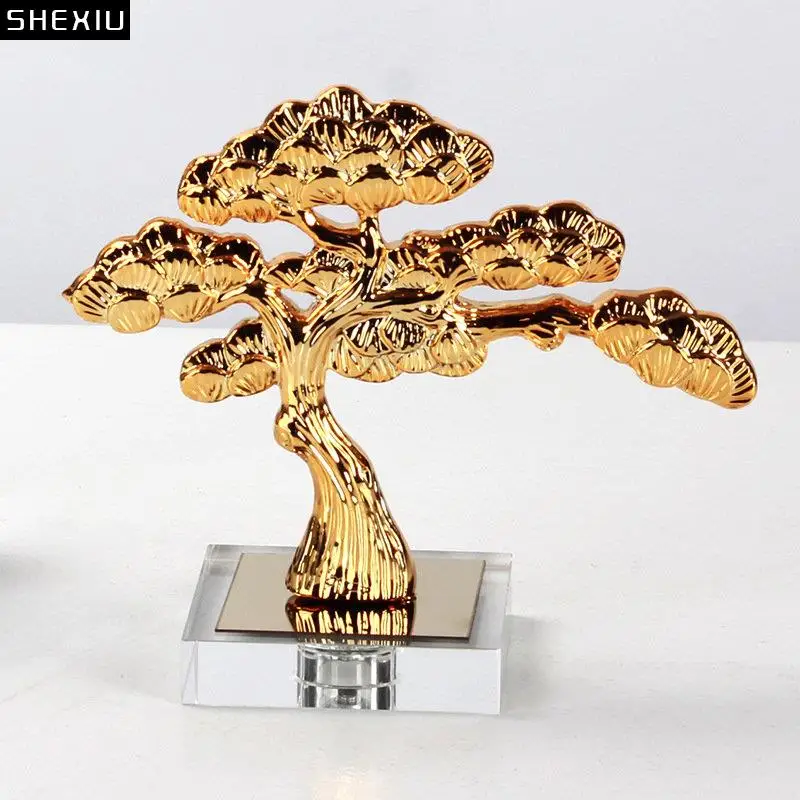 

Golden Pine Tree Luck Sculpture Transparent Base Alloy Crafts Desk Decoration Gold-plated Artwork Room Aesthetic Decor