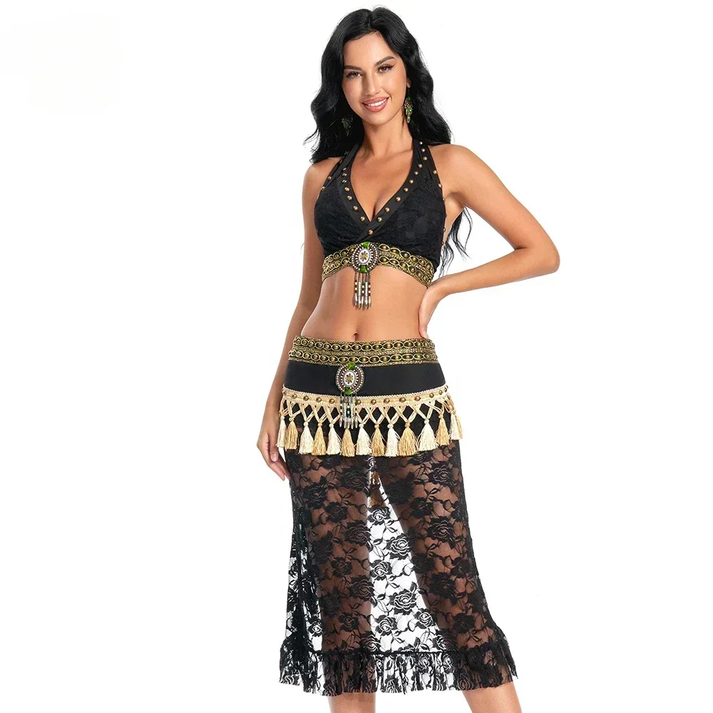 ホットセール中！セクシーなトライバルレースのベリーダンスコスチューム、ブラ、ヒップスカーフセット。カーニバル、パフォーマンス、エジプトダンスに最適。