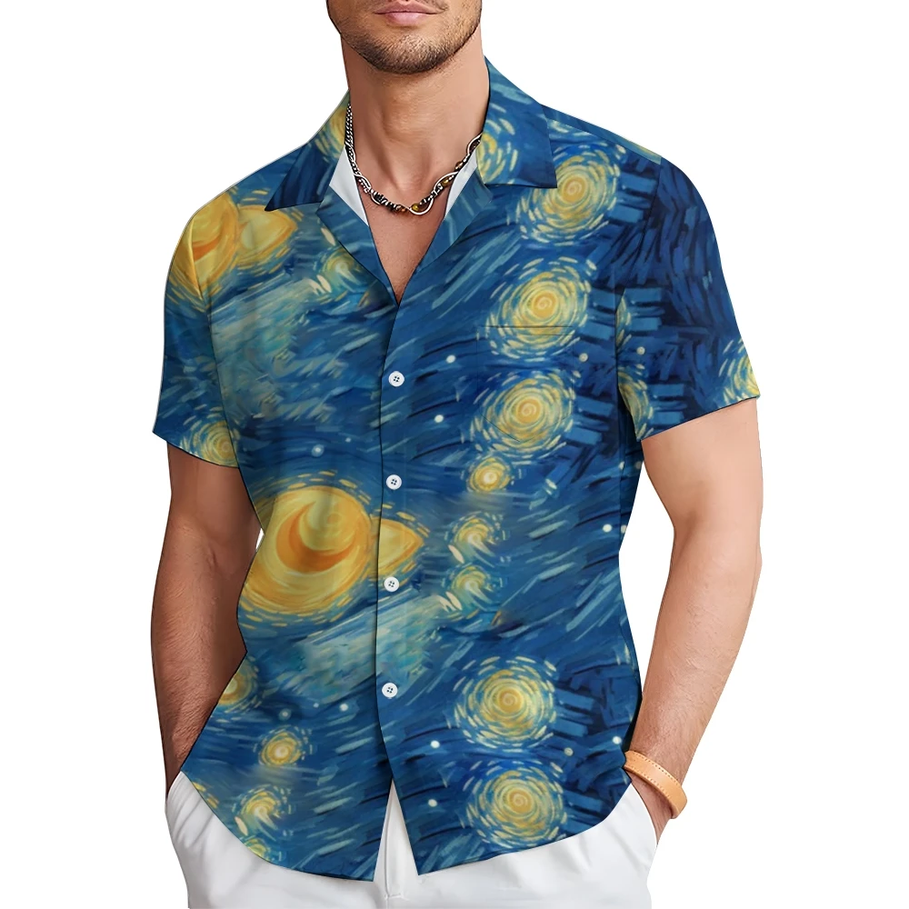 

Blue Mysterious Universe Design Short Sleeve V-Neck Seaside Vacation Clothing Full Printing Shirt Hot Selling Summer Tops