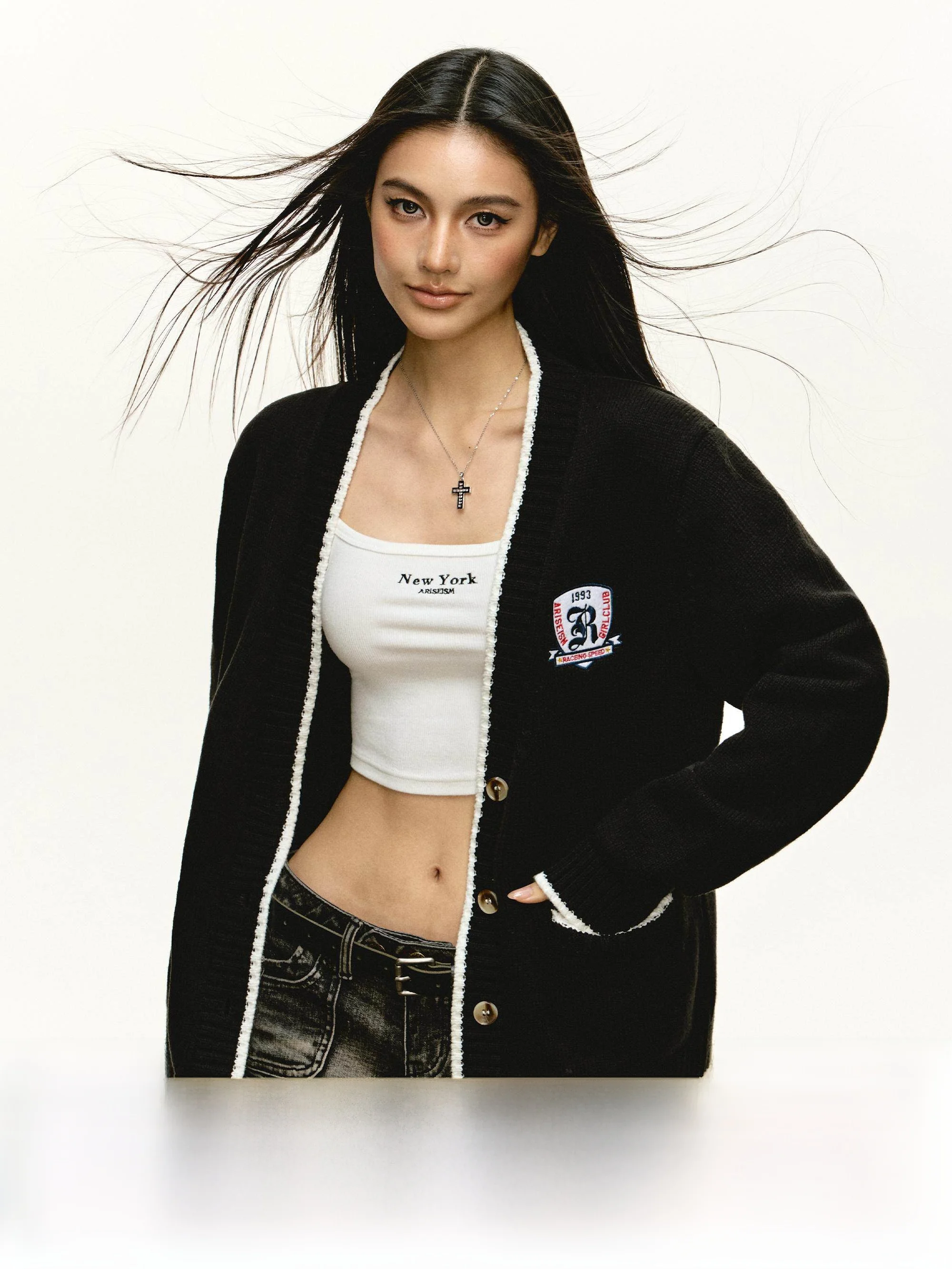 

Ariseism: Американский ретро-кардиган свободного кроя, женский, весенний, новый, прямой крой, из смесового хлопка, с длинными рукавами, V-образный вырез, пальто