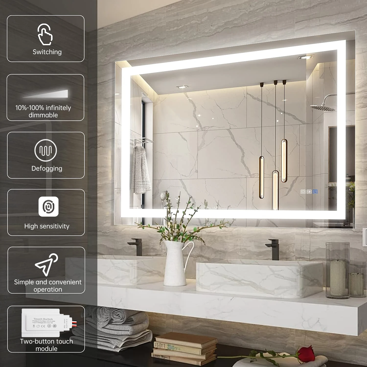 Smart Inductive Dimmer Switch DC12V 5A 60W LED Briver LED Double Touch Button Defogger Switches for Bathroom Mirror Light