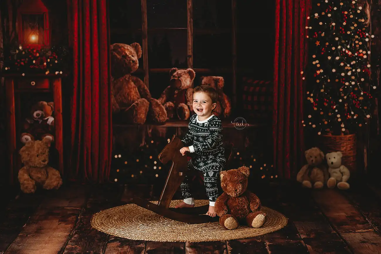 Cozy Beary Christmas View Backdrop Kids Baby Cake Smash Photography Props Window Bear Child Adult Birthday Studio Backgrounds