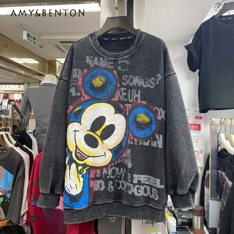 

Trendy Brand Autumn Winter New Fleece Heavy Wash Letter Cartoon Age-Reducing Hoodies Fashion Cartoon Loose O-Neck Sweatshirt Top