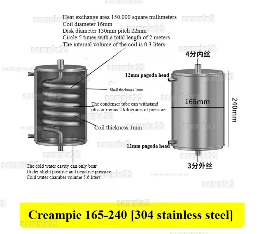 304 Stainless Steel Spiral Coil Heat Exchanger 165-240 Refrigeration Condenser for Distillation Cooling Heating Machine Parts