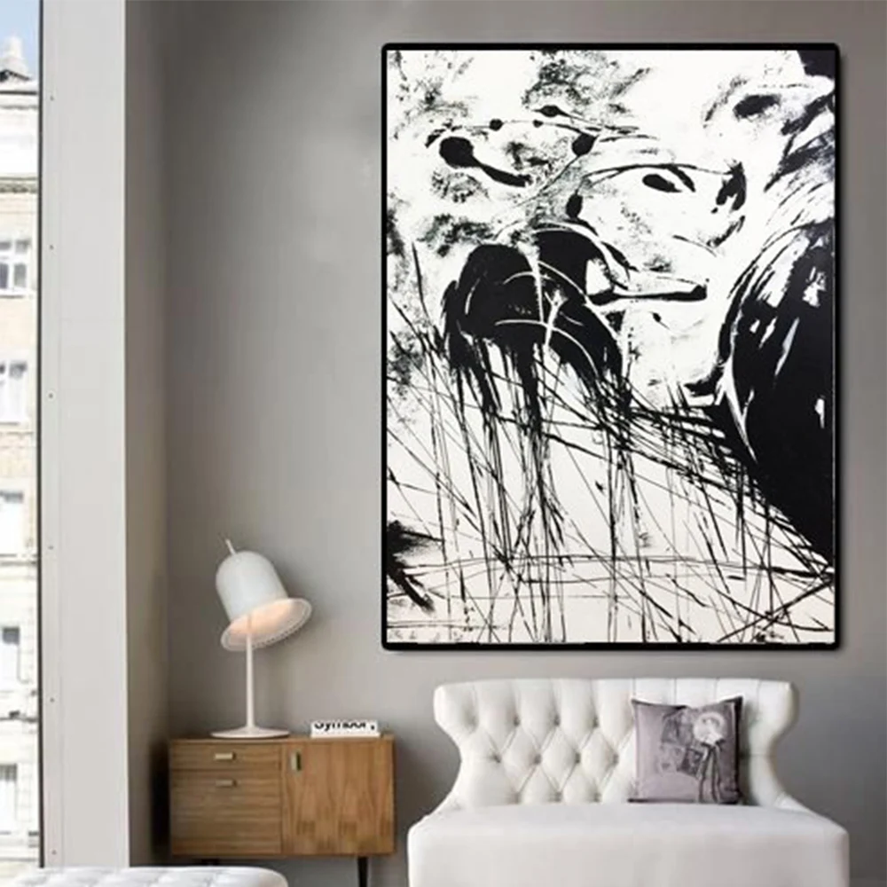 

Black and White Abstract Painting Large Handmade Canvas Wall Art Modern Wall Decor for Living Room Hotel Bedroom Unframed