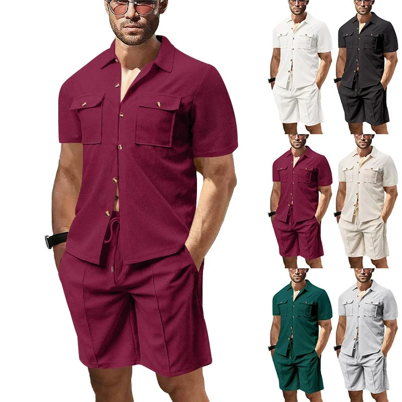 Summer new 2025 casual men Waffle solid color double pocket cardigan short-sleeved daily shirt shorts set