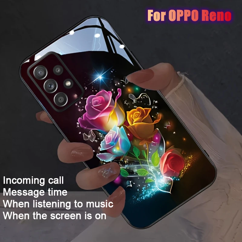 

Flower Rose LED Light Luminous Phone Case For OPPO Reno 14 14F FS 13 12 11 15 10 Pro 4G 5G Z Tempered Glass Glow Back Cover