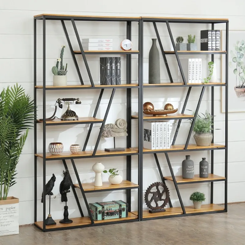 Creative furniture shelf solid wood industrial style Nordic living room partition retro American loft wrought iron bookshelf