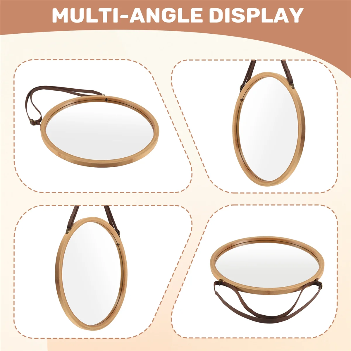 

XRY Hanging Round Wall Mirror in Bathroom & Bedroom - Solid Bamboo Frame & Adjustable Leather Strap (Bamboo, 15 Inch)