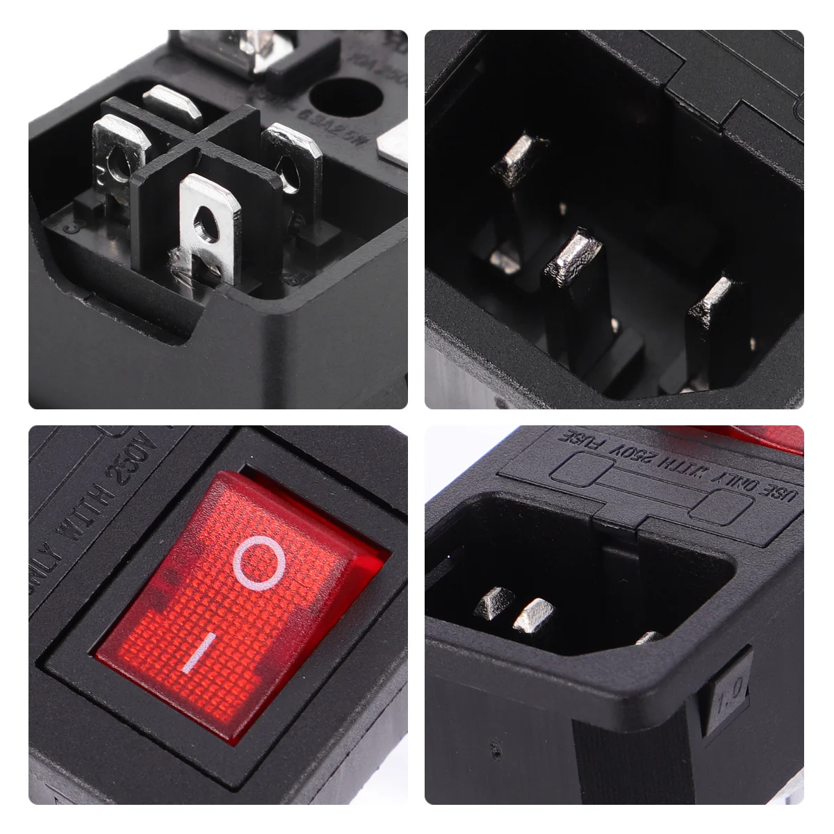 3-Pin Male Ac Power Plug Socket 10A 250V Rocker Switch Fuse Holder Power Inlet Electrical Outlet for Desktop Computers Neon