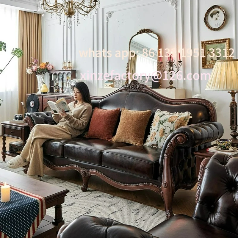 

Customizable sofa solid wood leather head buckle retro luxury living room furniture