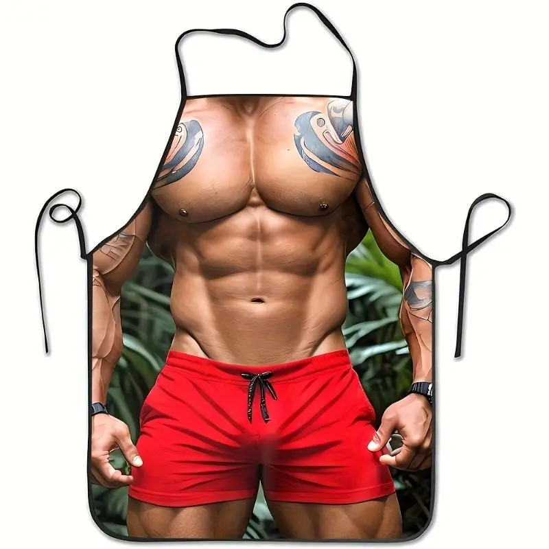 1pc Funny Muscle Workout Abs Apron with Fake Tattoo - Durable Suitable for Gym, Cooking, Baking, Cleaning & Workshop - Realistic