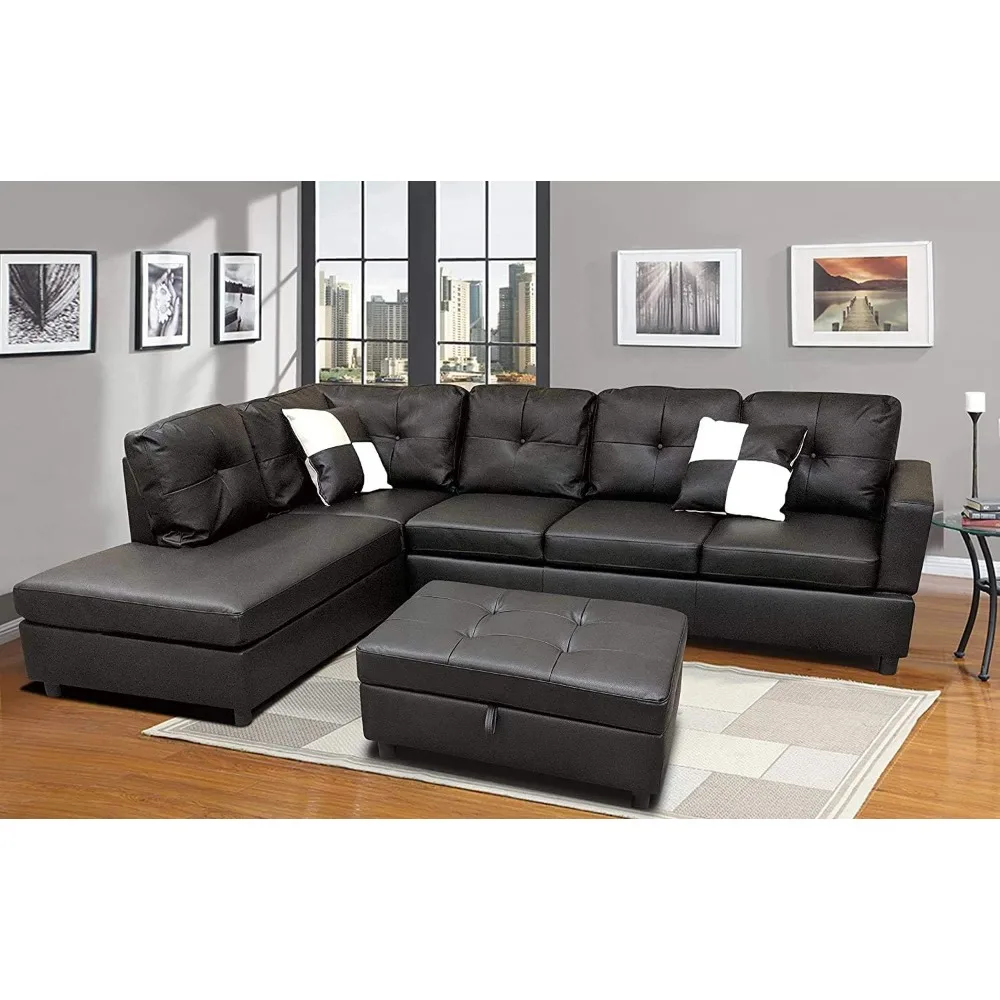 Sectional Sofa, L-Shape Faux Leather Sectional Sofa Couch Set with Chaise, Ottoman,2 Toss Pillow Using for Living Room Furniture