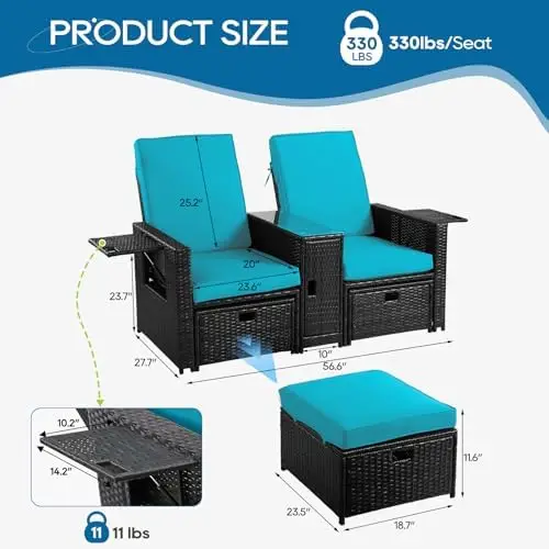 Chaise longue da esterno in vimini da 5 pezzi con ottomano e tavolino da caffè, rattan nero, cuscino turchese