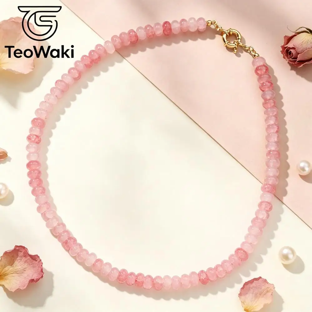 TeoWaki Natural Stone Dainty Light Pink Crackle Crystal Flat Beads Necklace Steering Wheel Soft Tone Collarbone Accessory 40cm
