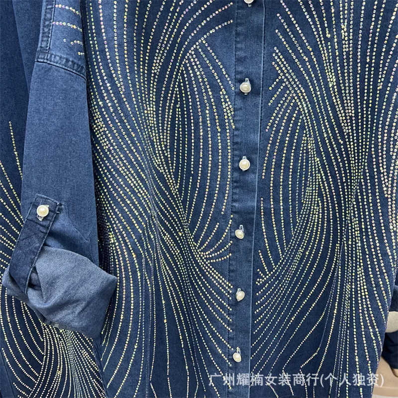Shiny Hot Diamonds Women Denim Sets Single-breasted Loose Long Sleeve Cardigans Shirt + Fashionable Elastic Waist Wide Leg Jeans