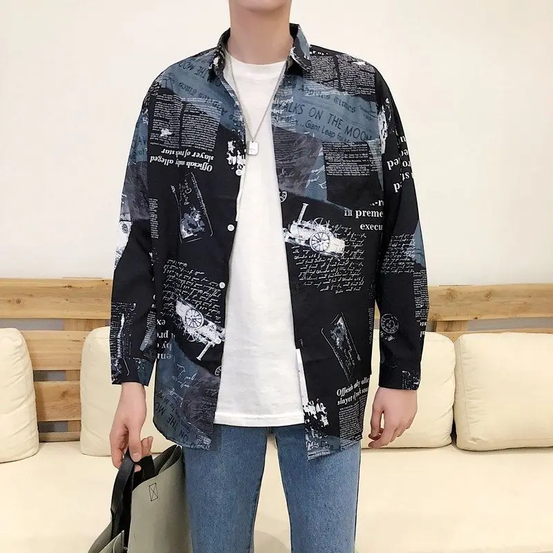 Elegant Fashion Harajuku Slim Fit Ropa Hombre Loose Casual All Match Outerwear a Peaked Collar Printed Button Short Sleeve Blusa