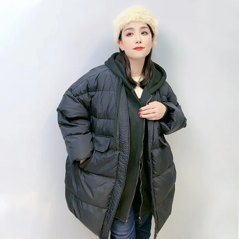 Women White Duck Down Over Size Jacket Autumn Winter Warm Casual Outwear with Hood Fake Two Pieces Patchwork Coat 2024