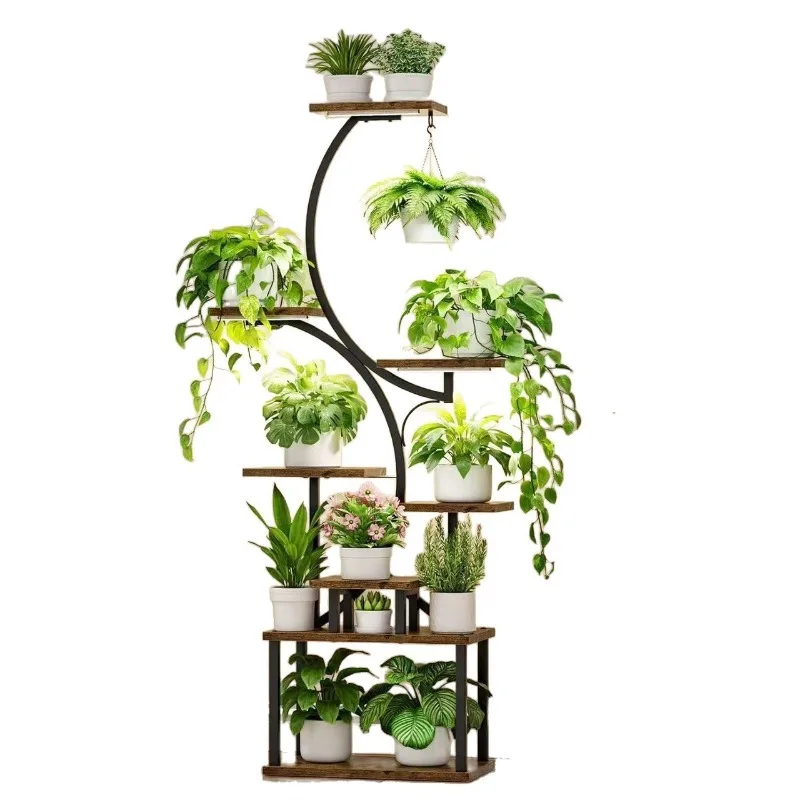Indoor Plant Rack with Plant Light, Multi-layered Balcony and Living Room Country-style Floor-standing Iron Flower Pot Stand