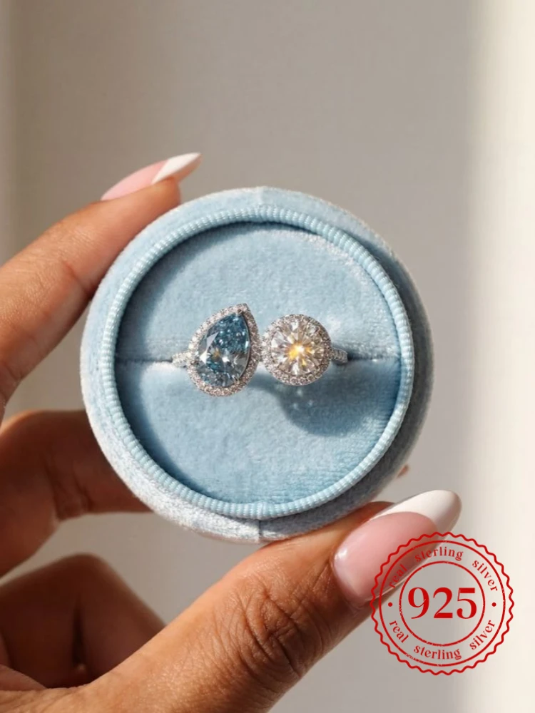 925 Sterling Silver Minimalism Sea Blue Pear Round Zircon Ring For Women Anniversary Wedding Luxury High Quality Fine Jewelry
