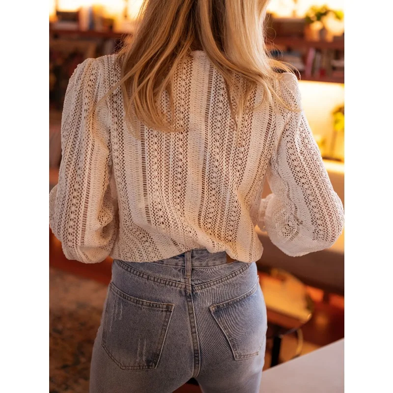 

V-neck Solid Color Long-sleeved Shirt, Top