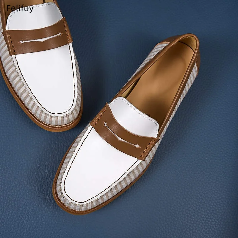 Casual Men's Genuine Leather Loafers British Style Derby Shoes Slip-On Lazy Shoes Comfortable Formal Patchwork Men’s Dress Shoes