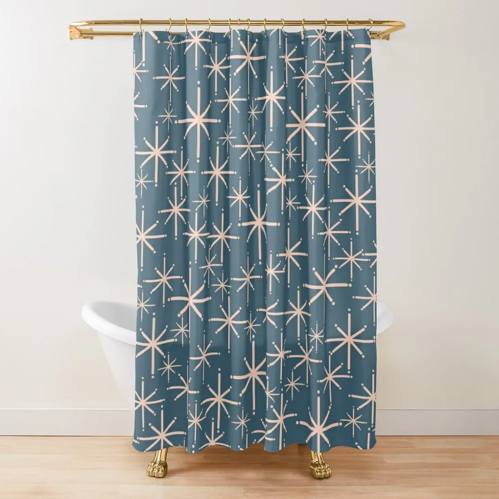 

Retro Space - Atomic Age Midcentury Modern Starburst Pattern in Pale Blush Pink and Deep Teal Shower Curtain Window Curtain