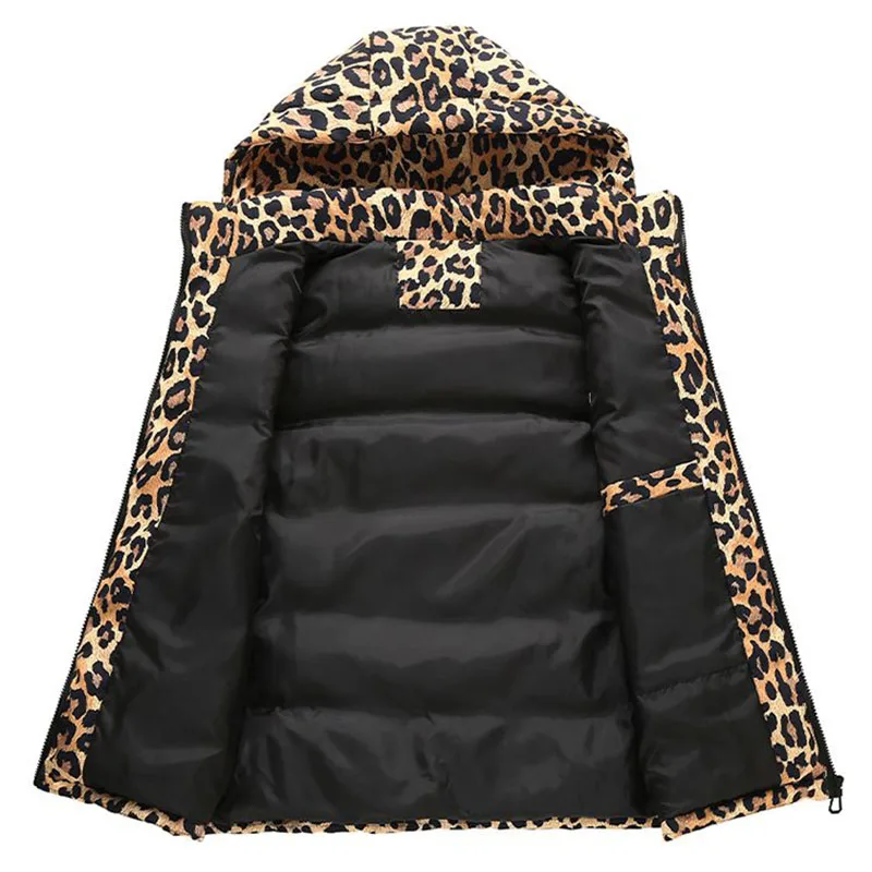المألوف أسفل ليوبارد طباعة سترة 2025 جديد الخريف الشتاء سميكة الدافئة العصرية سترة غير رسمية مع مقنعين المرأة صدرية H500