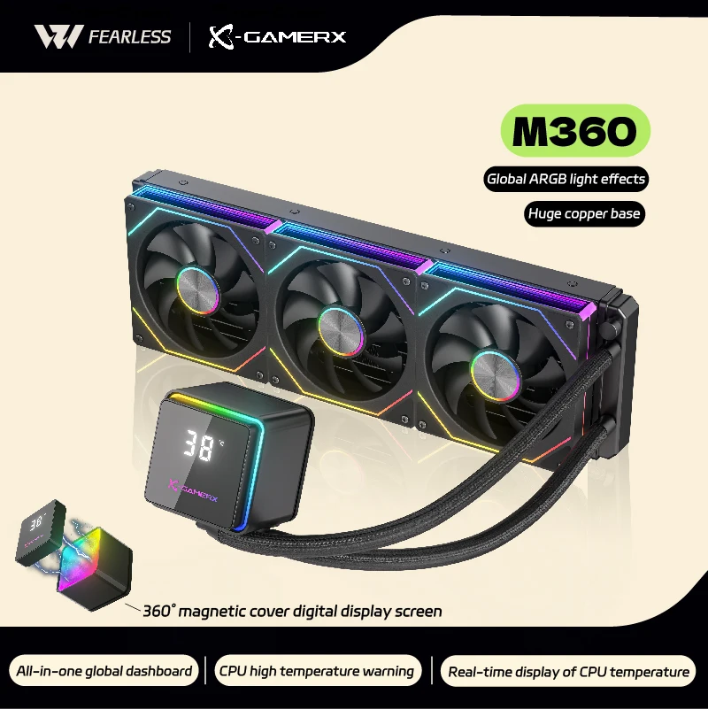 X-GAMER PowerTrain M360 water cooler 360mm Global ARGB light effect 360° magnetic cover digital display screen aio cpu cooler