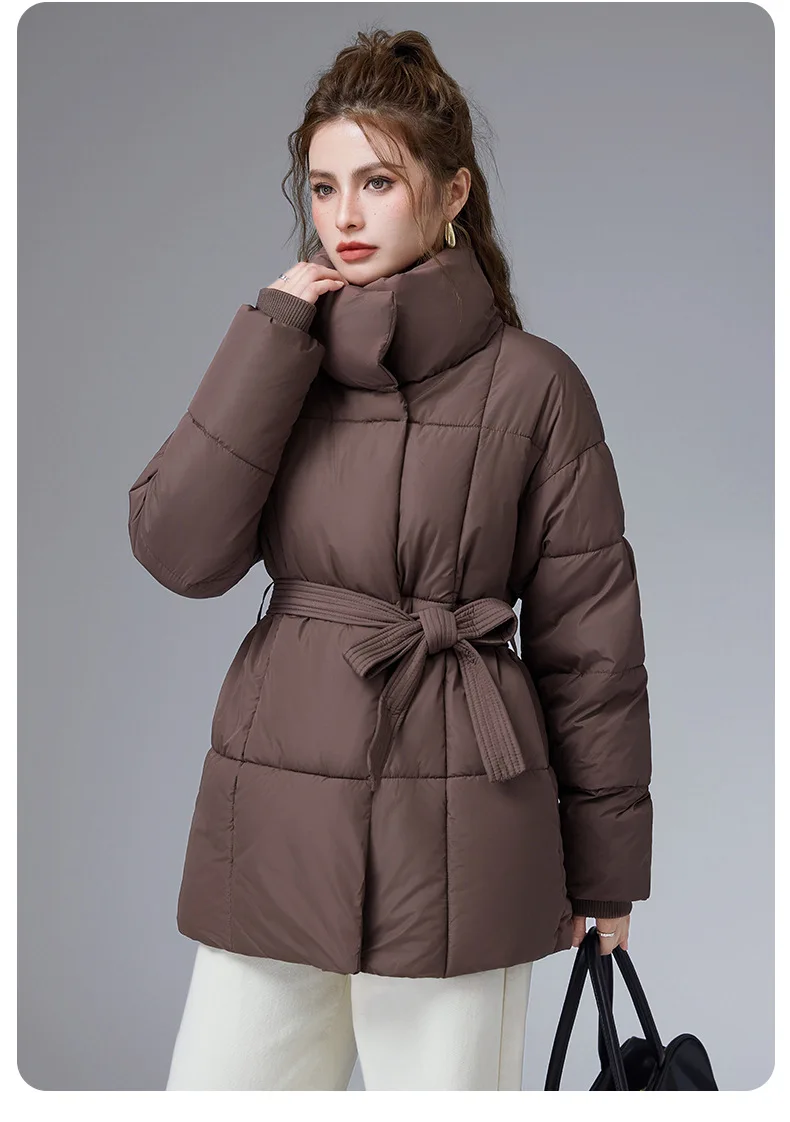 ZAROY Women Winter Belted Jacket Elegant Stand Collar Windproof Puffer Coat Cotton Padded Thick Warm Snow Parkas Overcoat куртка