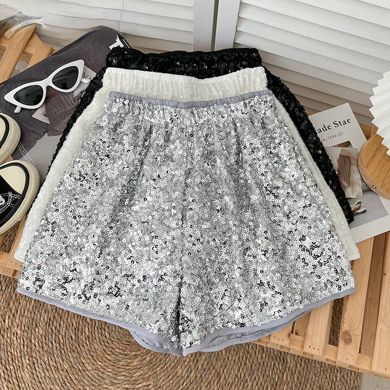 Women Shiny Sequin Elastic Waist Thin A line Wide Leg Pants Shorts 2023 Summer New Casual Chic Fashion Versatile Pants