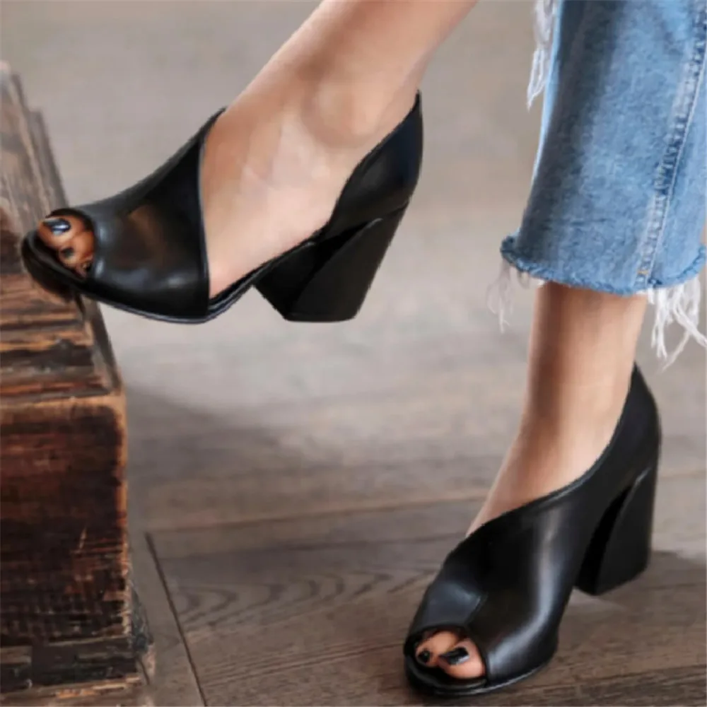 Women High Heels Retro Sandals 2024 New Thick Heel Fish Mouth Leisure Side Empty Roman Pumps Female Shoes Beige Black Brown