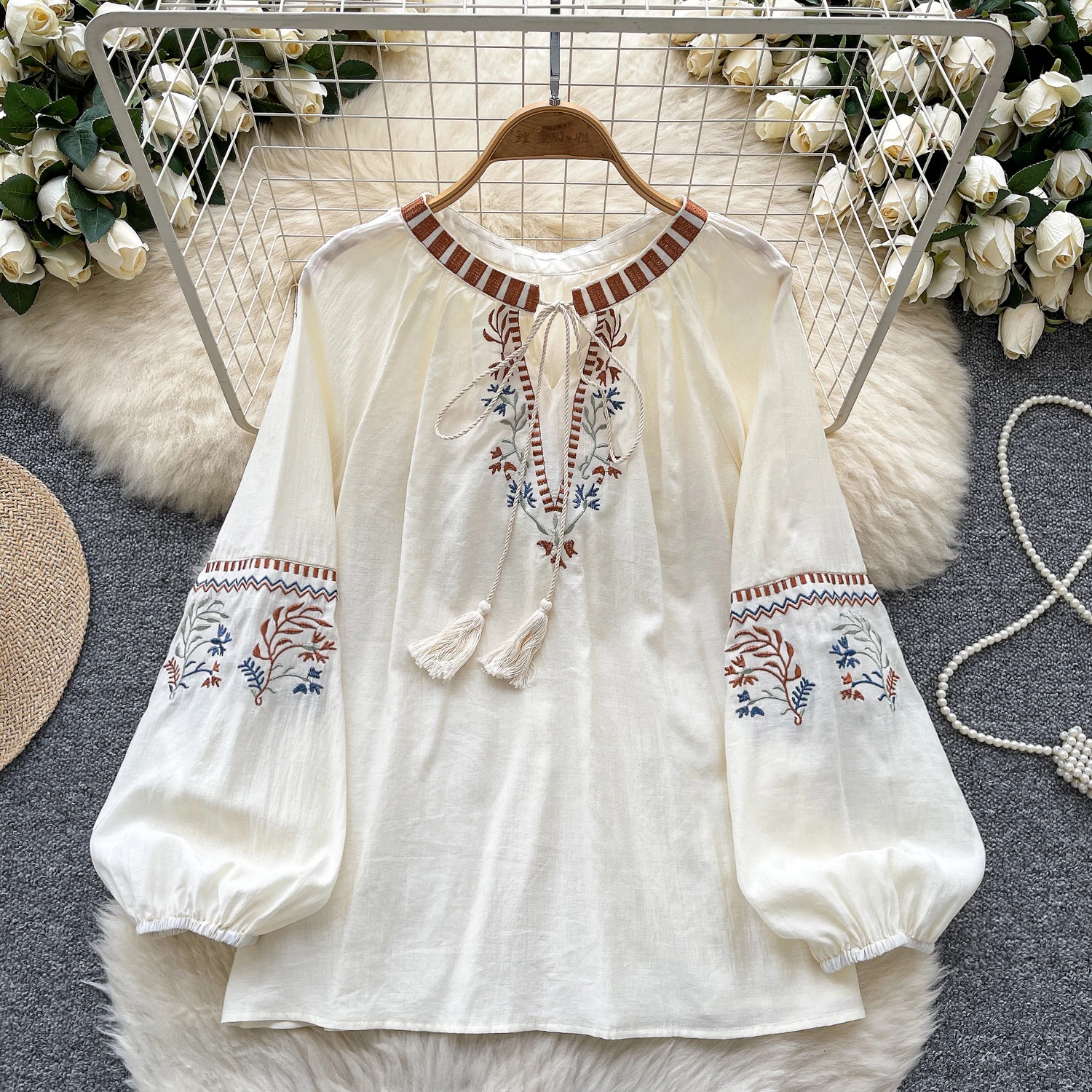

Vintage Embroidered Lantern Sleeve Women Shirts Summer Casual Holiday Pullovers Tops Female Loose Lace Up Blouses