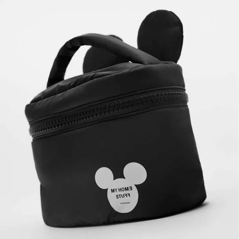 Disney new Mickey black toiletry storage bag, down material, soft and cute cosmetic bag, women\'s shopping handbag