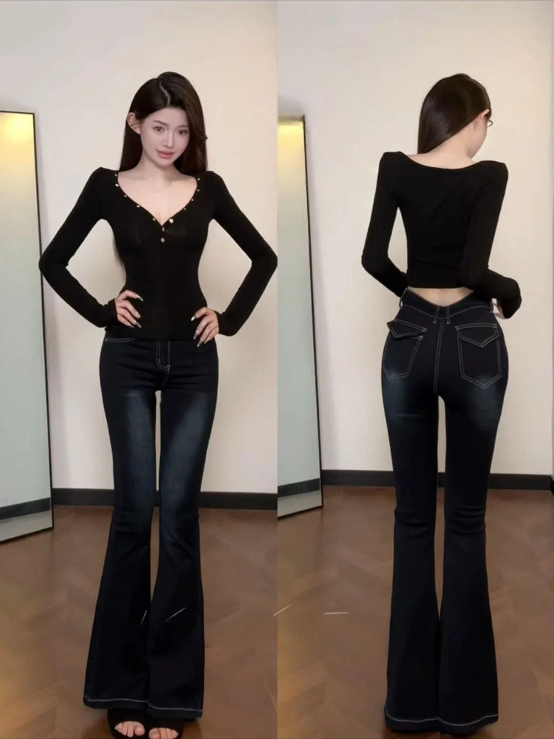 

Американские ретро-джинсы клеш для женщин, утягивающие, с высокой талией, из хлопка со стрейчем, весенне-осенние, длинные брюки