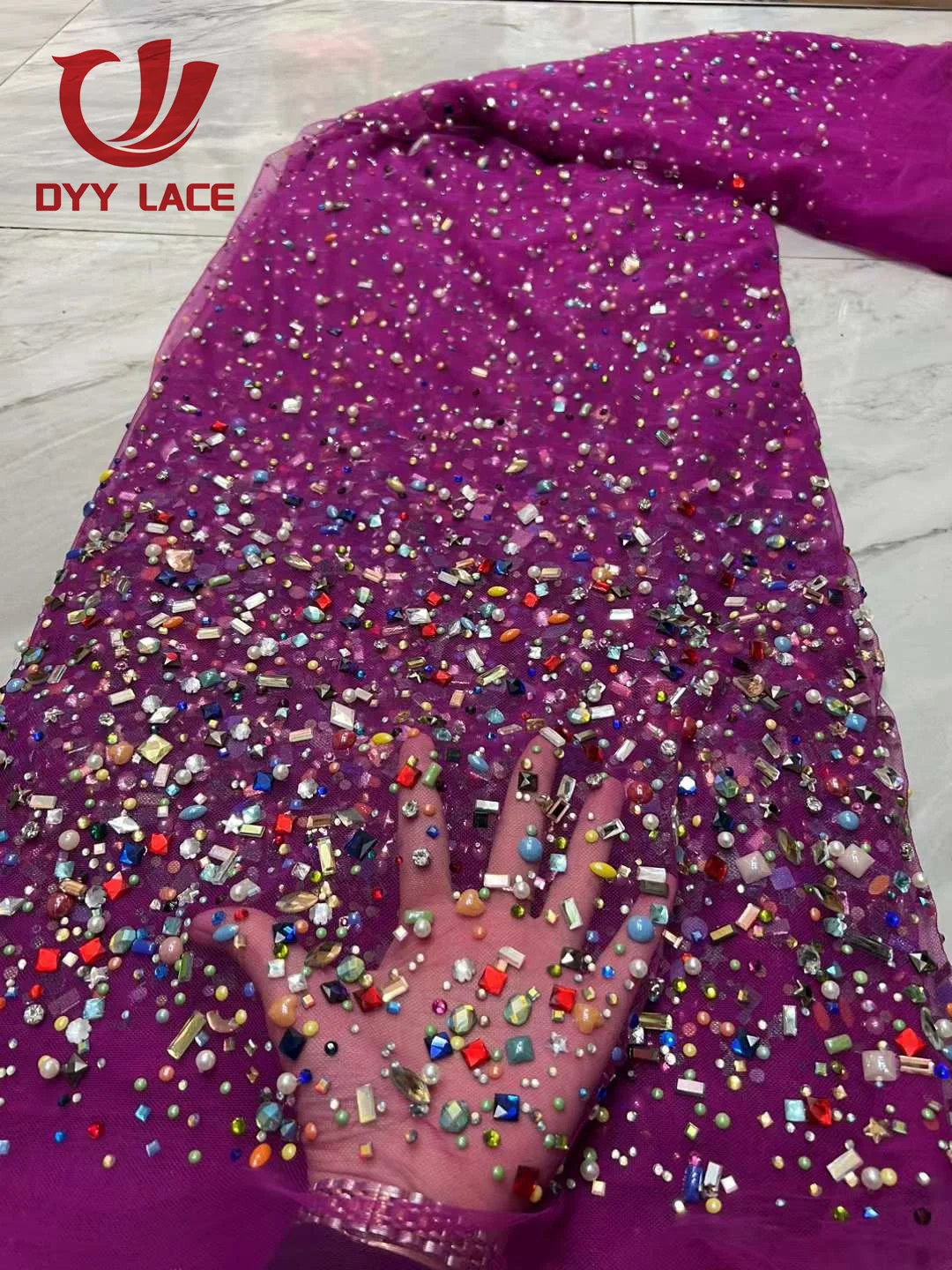 New Design Heavy Stones Nigerian Lace Fabrics African Tulle Net Lace Luxury Crystal Stones Beads Fabrics For Wedding 5 Yards