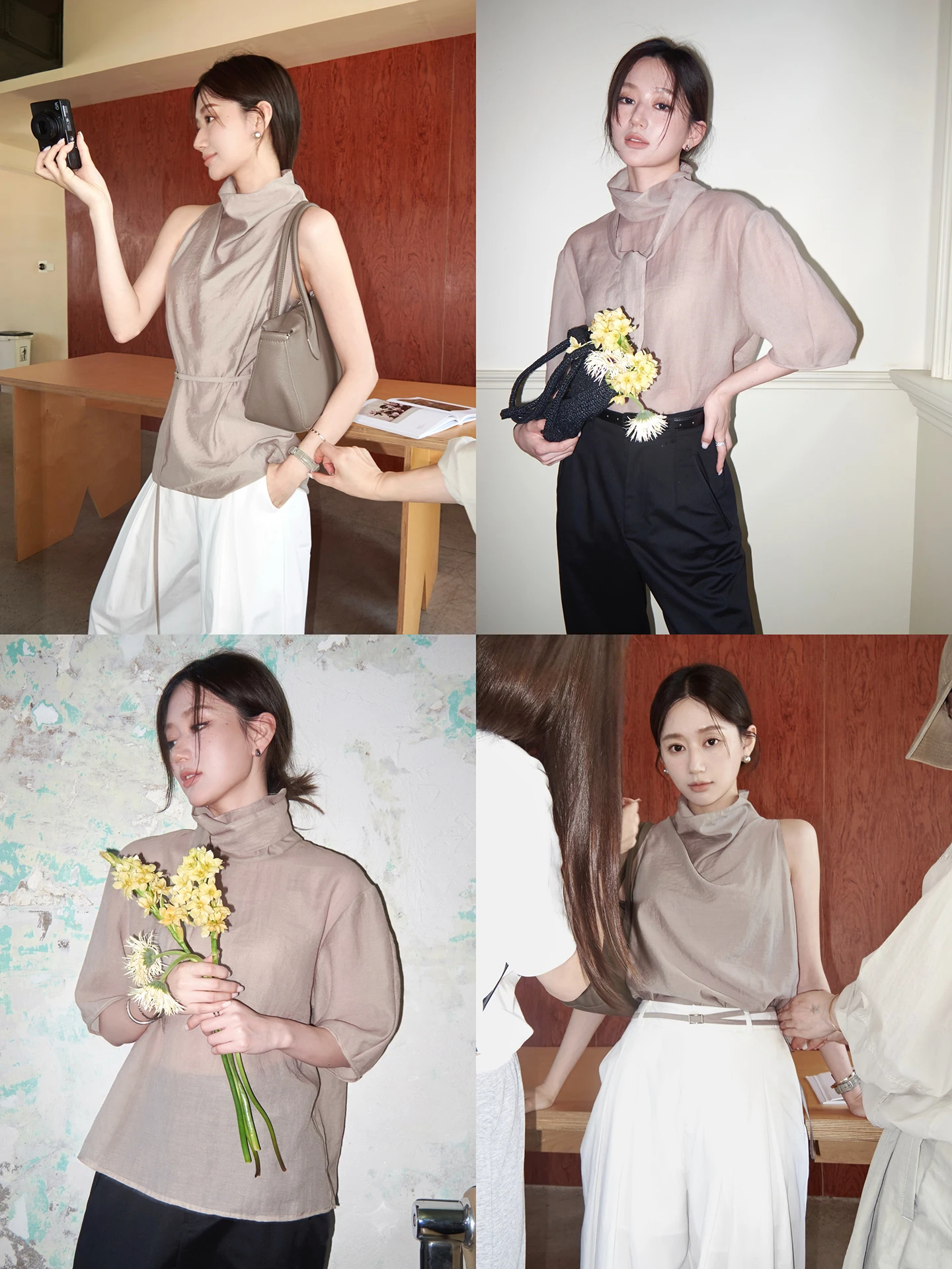 

Morning Fog Soft Mist Chic Collar irt Series Linen Blend Bow Tie ort Sve Rayon Svel Top Skin Friendly Breathable