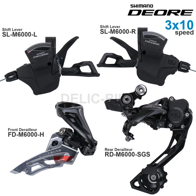 Grupa osprzętu SHIMANO DEORE M6000 3x10s z manetką SL-M6000, przerzutką przednią FD-M6000, przerzutką tylną M611 RD-M6000, 3x10 biegów, oryginalne części.