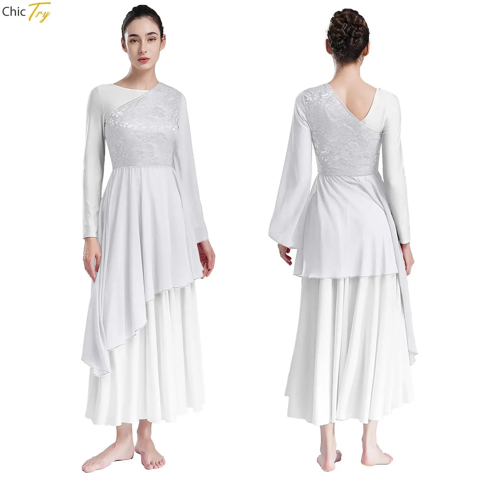 Abito da ballo liturgico con maniche svasate da donna abito da ballo lirico liturgico One Shouder pizzo chiesa coro culto costumi Performance