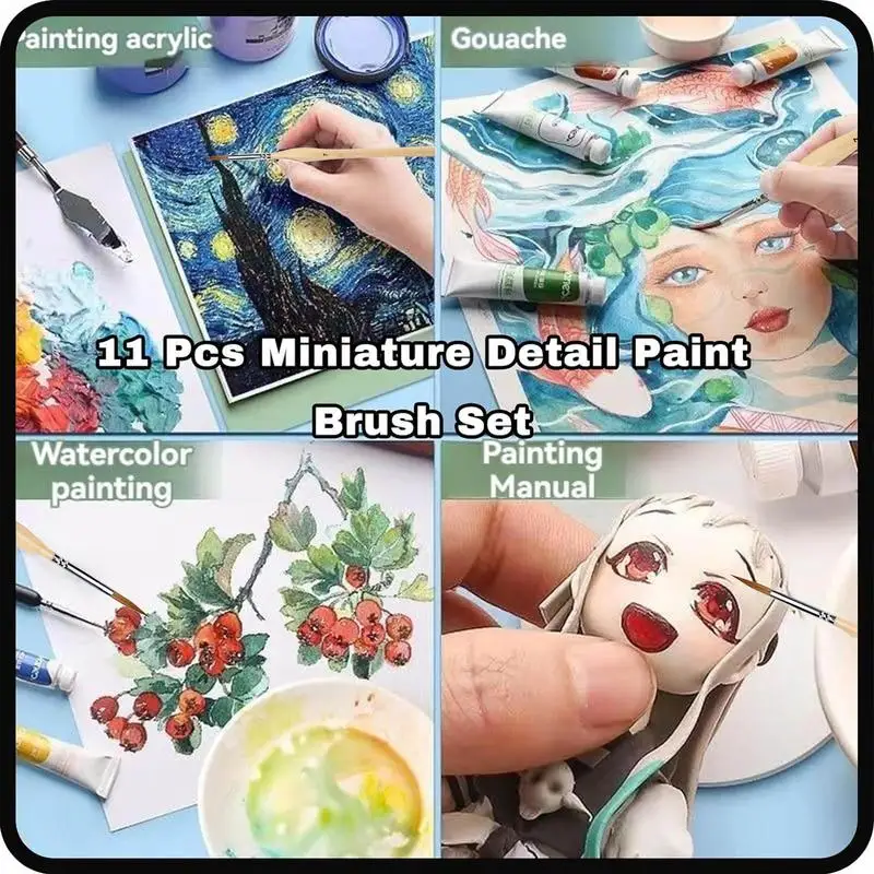 Miniatura Detalhe Pintura Escova Set, Mini Tintas, Profissional Tiny Pincéis, Fino, 11pcs