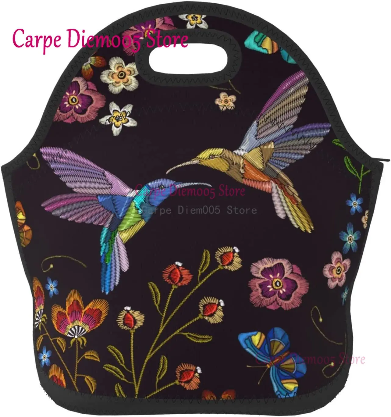 Vintage Hummingbird Butterfly with Flowers Design High Capacity Lunch Tote Insulated Lunchbox for Women Adults Teens Students