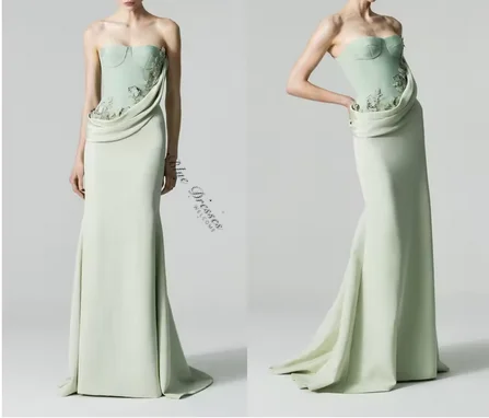 

customized High Quality Mint Jersey Evening Dress Strapless Sleeveless Celebrity Gowns Flowers Bespoke Occasion Gowns Exquisite